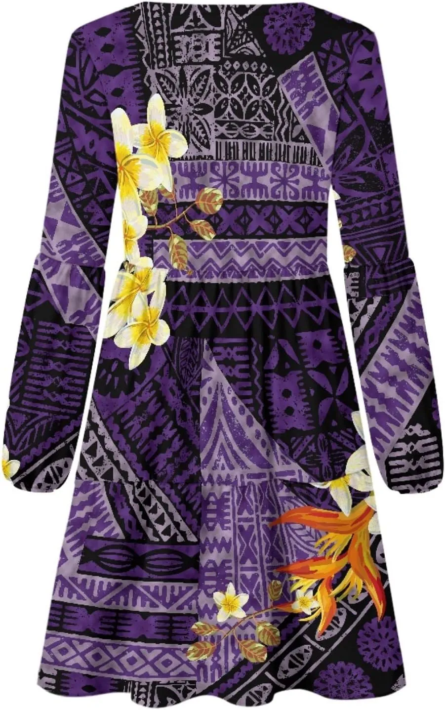 Bengbobar Women Polynesian Tribal Dress Flower V Neck Puff Long Sleeve Casual Elegant Midi Loose Pleated Swing Shift Dresses