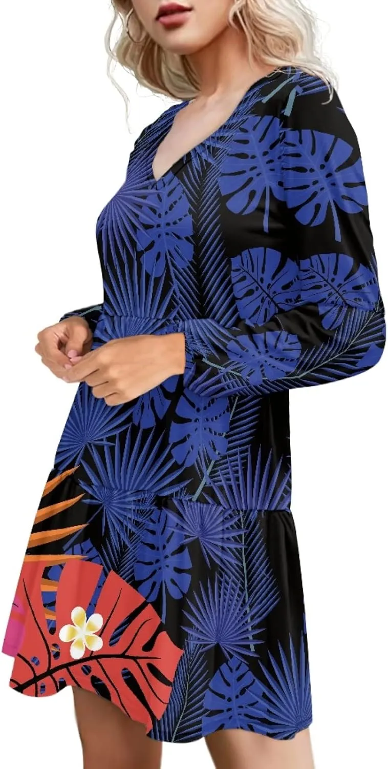 Bengbobar Women Polynesian Tribal Dress Flower V Neck Puff Long Sleeve Casual Elegant Midi Loose Pleated Swing Shift Dresses