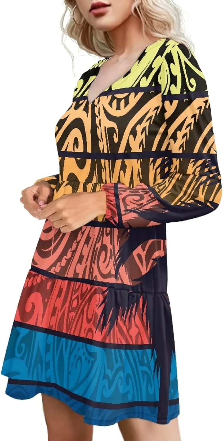 Bengbobar Women Polynesian Tribal Dress Flower V Neck Puff Long Sleeve Casual Elegant Midi Loose Pleated Swing Shift Dresses