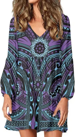 Bengbobar Women Polynesian Tribal Dress Flower V Neck Puff Long Sleeve Casual Elegant Midi Loose Pleated Swing Shift Dresses