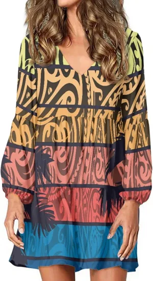 Bengbobar Women Polynesian Tribal Dress Flower V Neck Puff Long Sleeve Casual Elegant Midi Loose Pleated Swing Shift Dresses