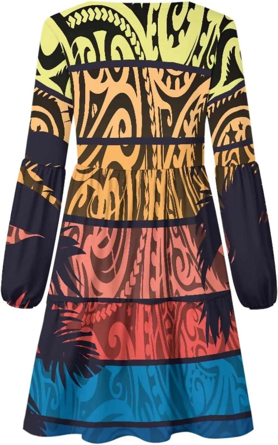 Bengbobar Women Polynesian Tribal Dress Flower V Neck Puff Long Sleeve Casual Elegant Midi Loose Pleated Swing Shift Dresses