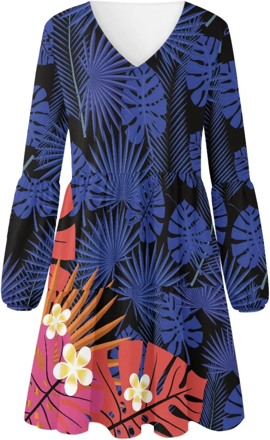 Bengbobar Women Polynesian Tribal Dress Flower V Neck Puff Long Sleeve Casual Elegant Midi Loose Pleated Swing Shift Dresses