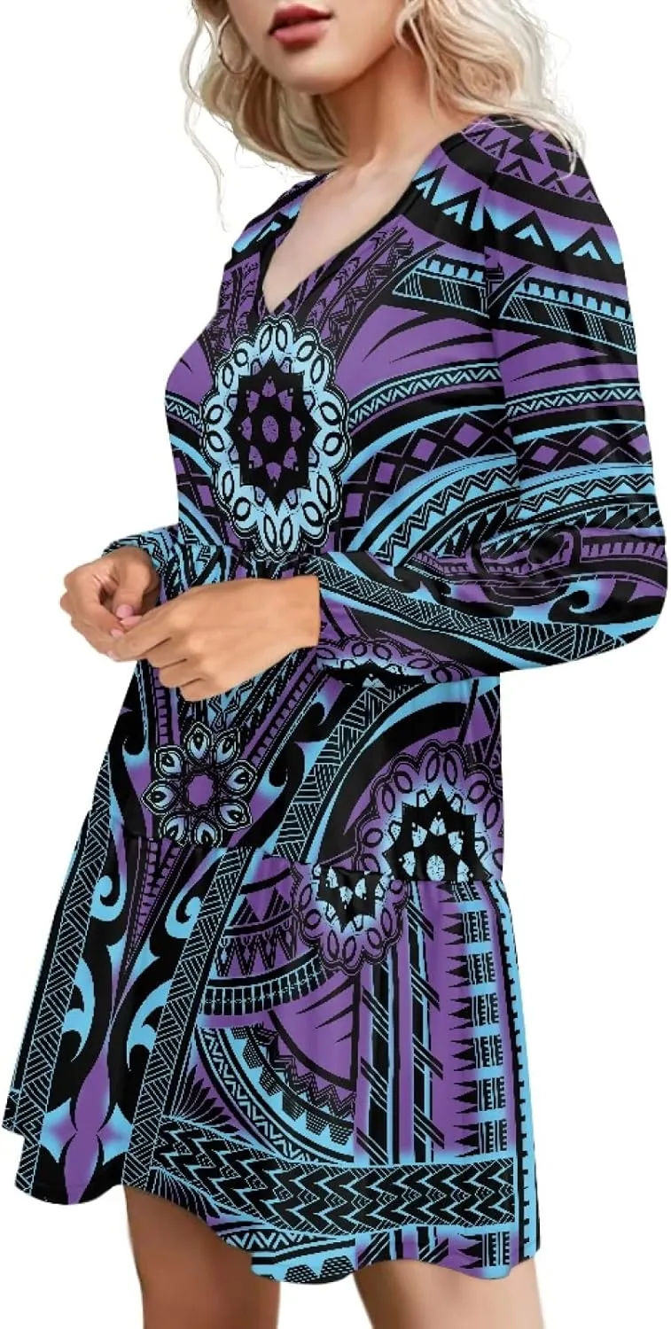 Bengbobar Women Polynesian Tribal Dress Flower V Neck Puff Long Sleeve Casual Elegant Midi Loose Pleated Swing Shift Dresses