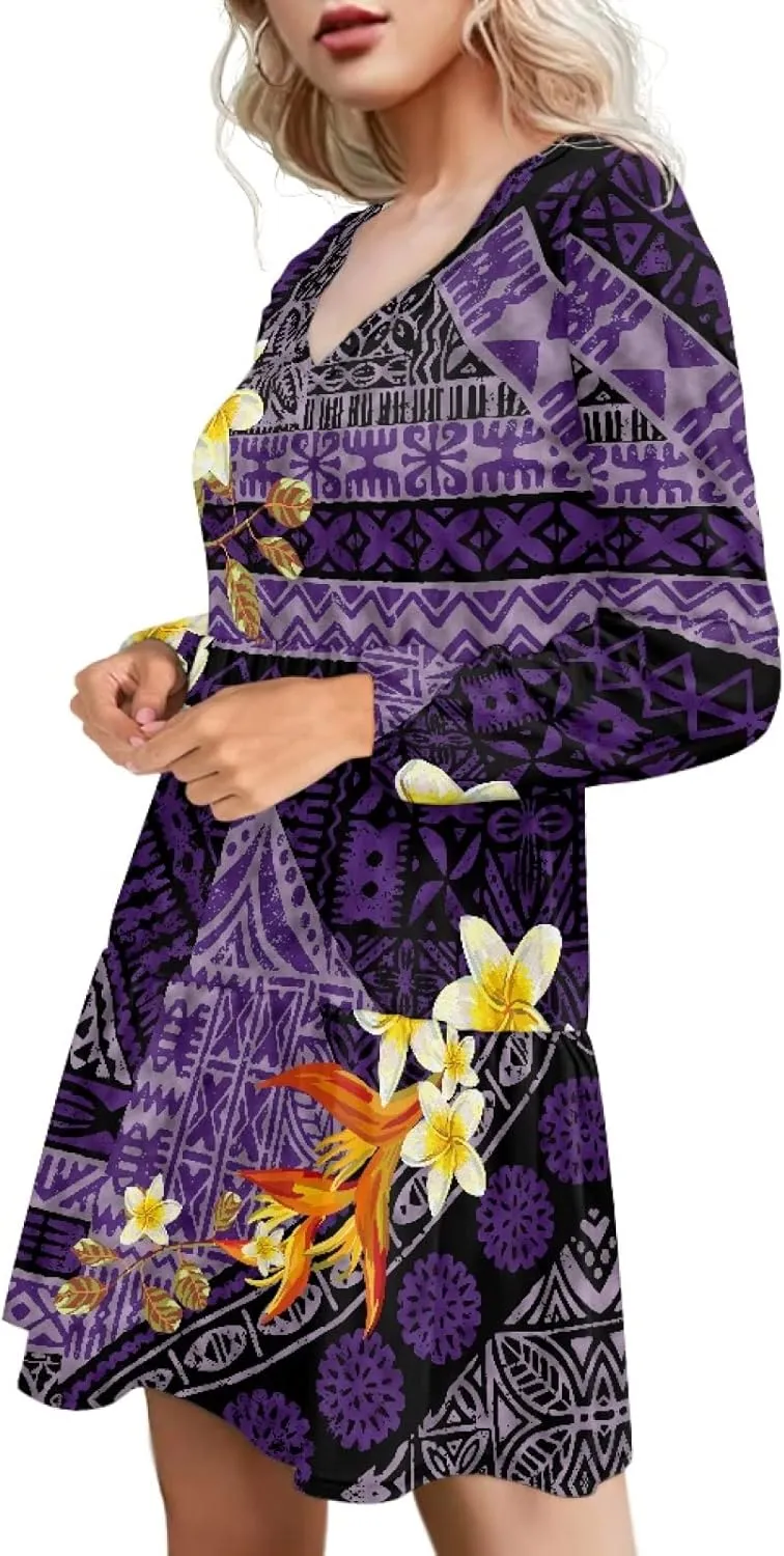 Bengbobar Women Polynesian Tribal Dress Flower V Neck Puff Long Sleeve Casual Elegant Midi Loose Pleated Swing Shift Dresses