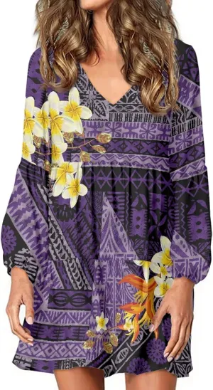 Bengbobar Women Polynesian Tribal Dress Flower V Neck Puff Long Sleeve Casual Elegant Midi Loose Pleated Swing Shift Dresses