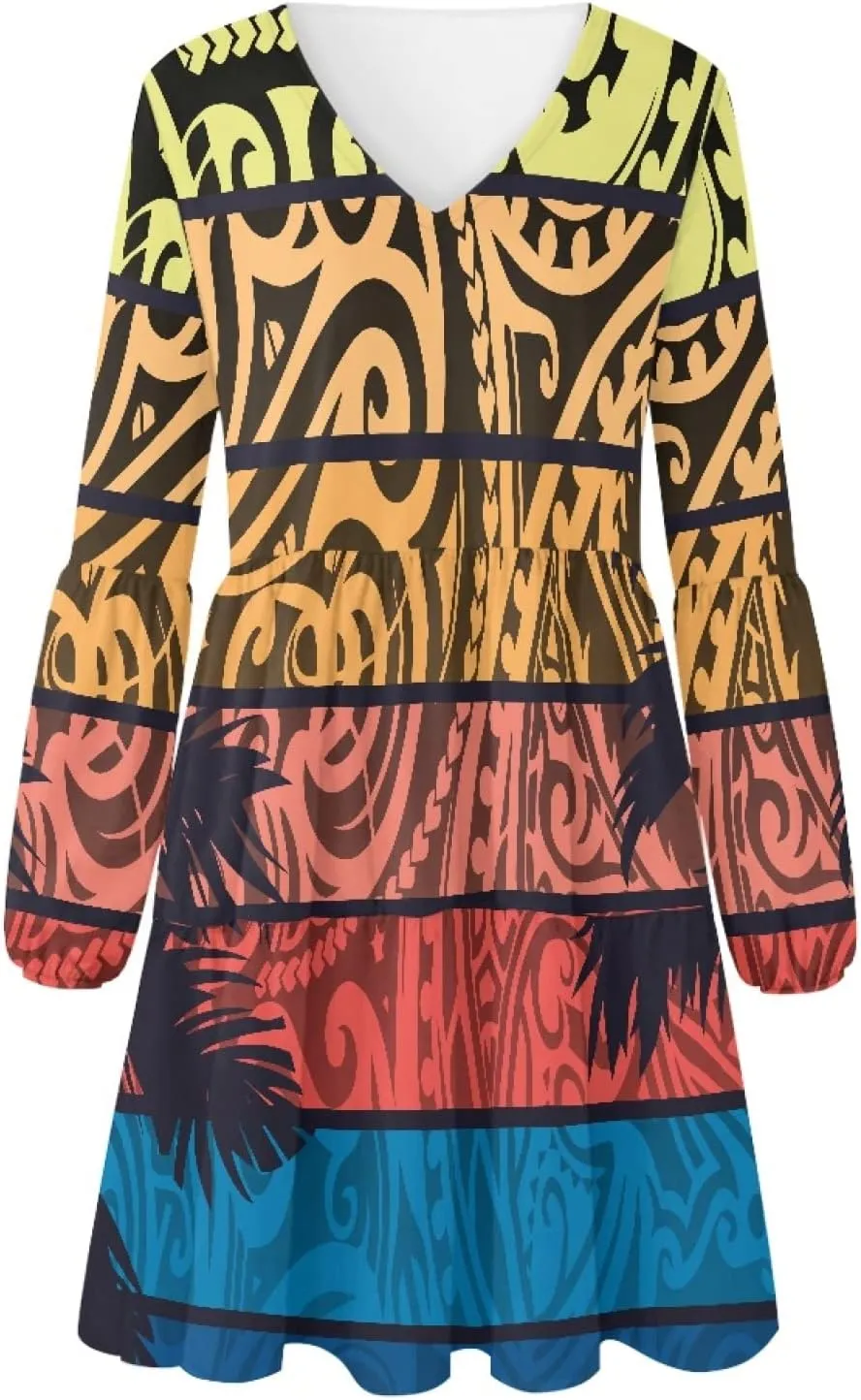 Bengbobar Women Polynesian Tribal Dress Flower V Neck Puff Long Sleeve Casual Elegant Midi Loose Pleated Swing Shift Dresses
