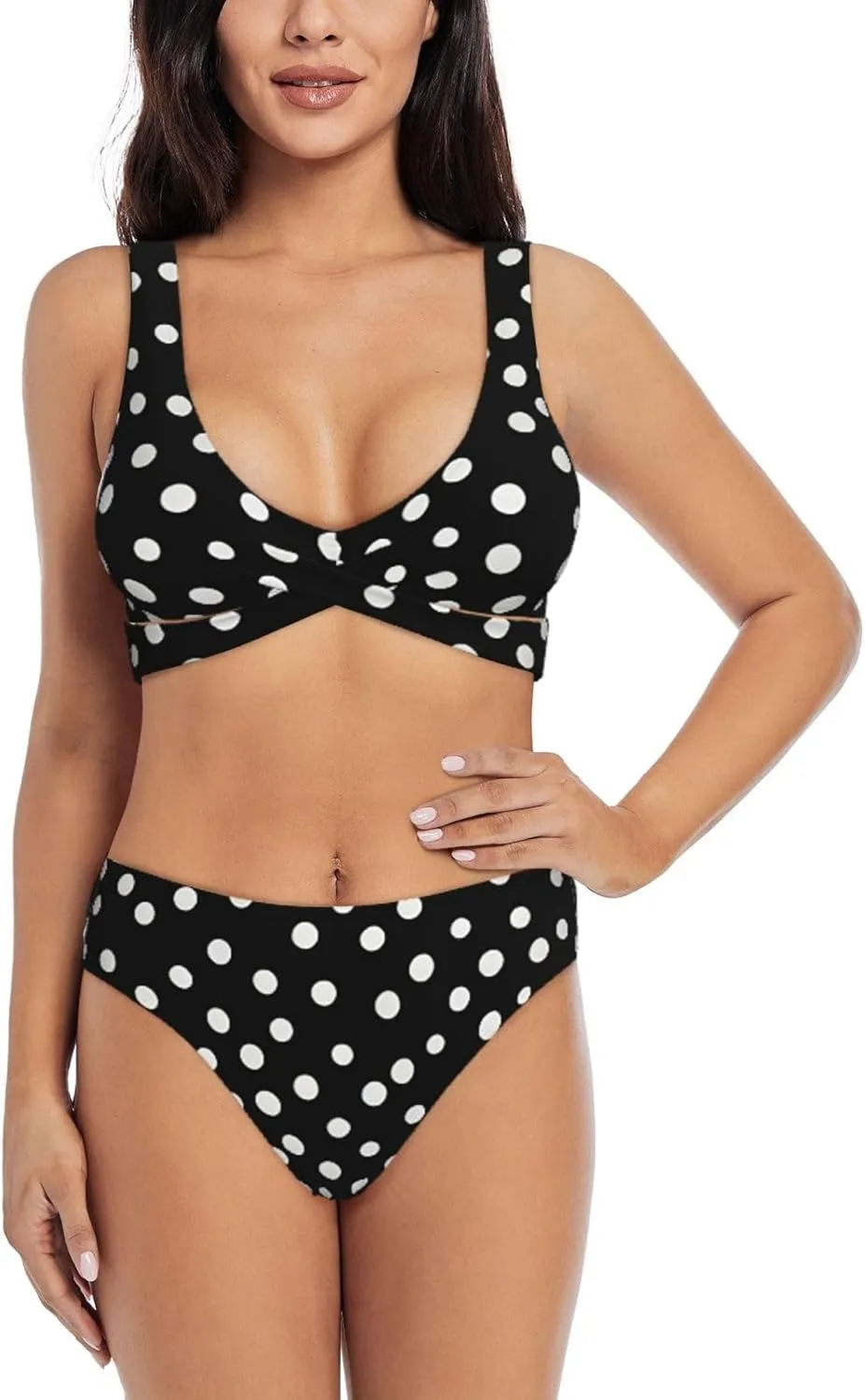 Black White Polka Dots Bikini Set for Women Front Cross Design Push Up High Waisted Two Piece Swimsuit
