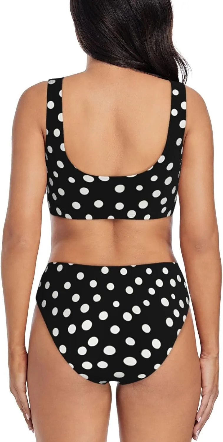 Black White Polka Dots Bikini Set for Women Front Cross Design Push Up High Waisted Two Piece Swimsuit