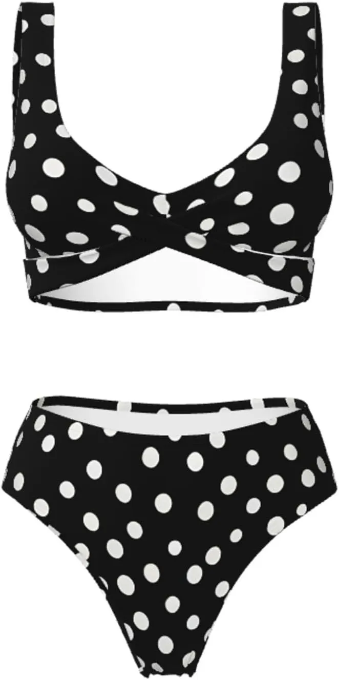 Black White Polka Dots Bikini Set for Women Front Cross Design Push Up High Waisted Two Piece Swimsuit