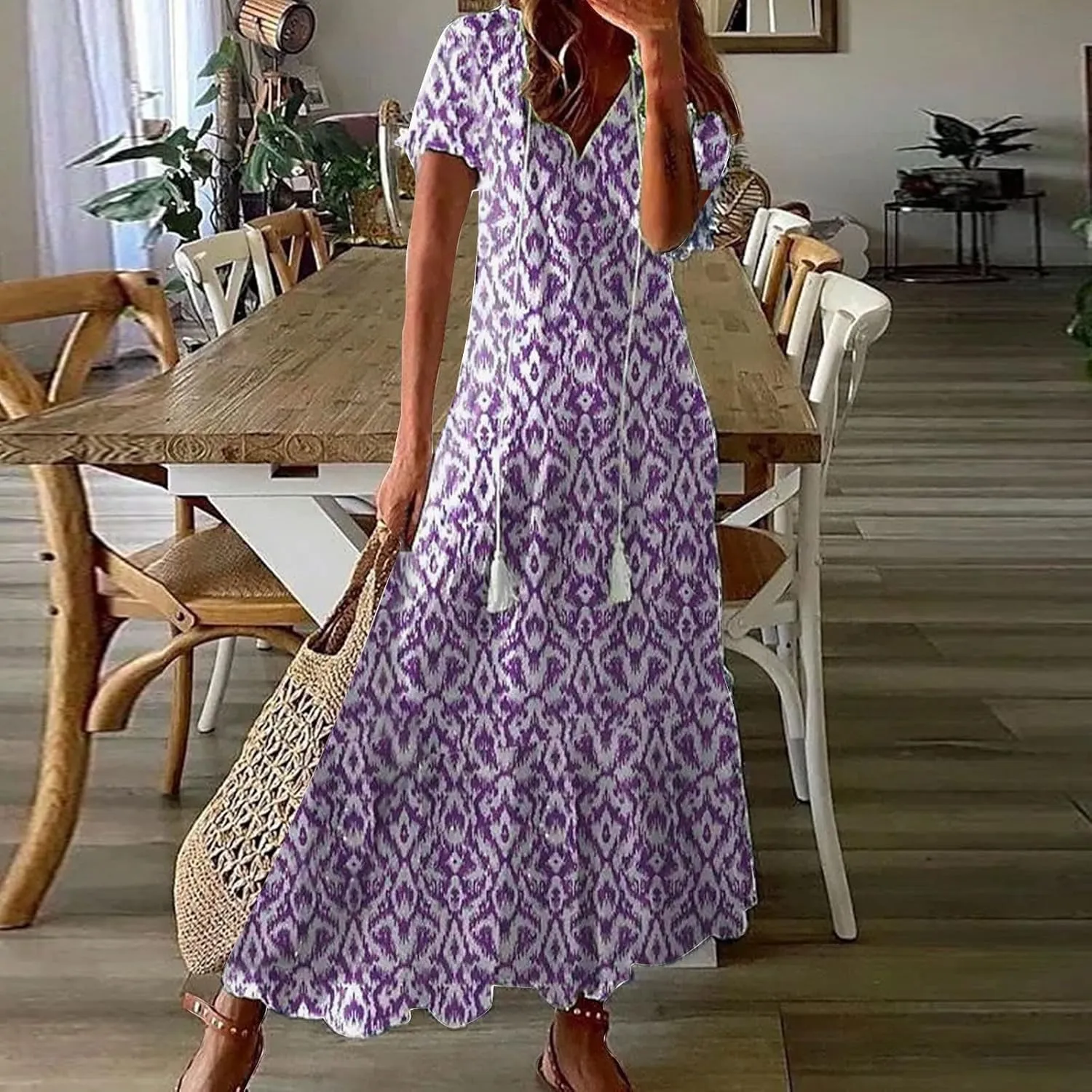 Boho Dresses for Women 2025 Tassel V Neck Dress Floral Printed Maxi Dresses Ruffle Flowy A-line Beach Dress