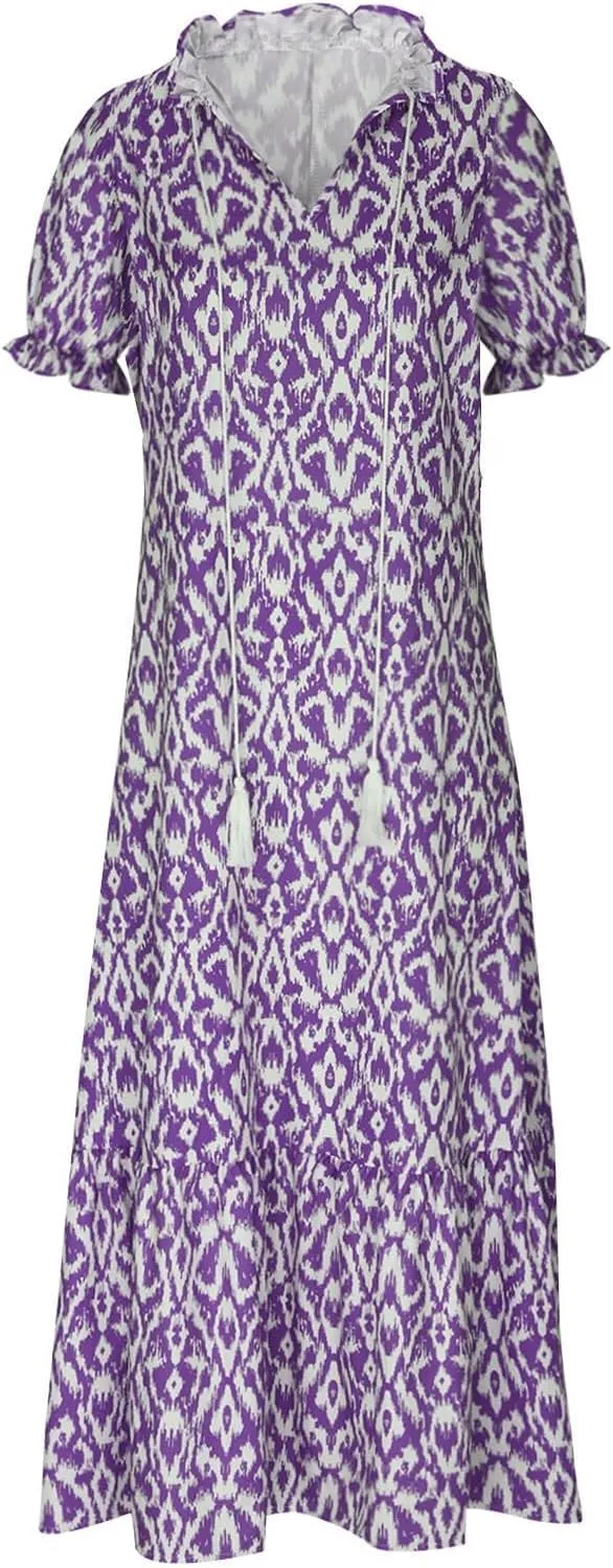 Boho Dresses for Women 2025 Tassel V Neck Dress Floral Printed Maxi Dresses Ruffle Flowy A-line Beach Dress