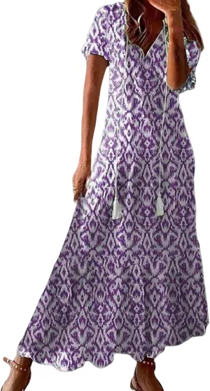 Boho Dresses for Women 2025 Tassel V Neck Dress Floral Printed Maxi Dresses Ruffle Flowy A-line Beach Dress