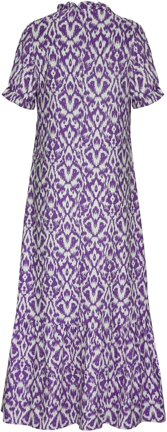 Boho Dresses for Women 2025 Tassel V Neck Dress Floral Printed Maxi Dresses Ruffle Flowy A-line Beach Dress