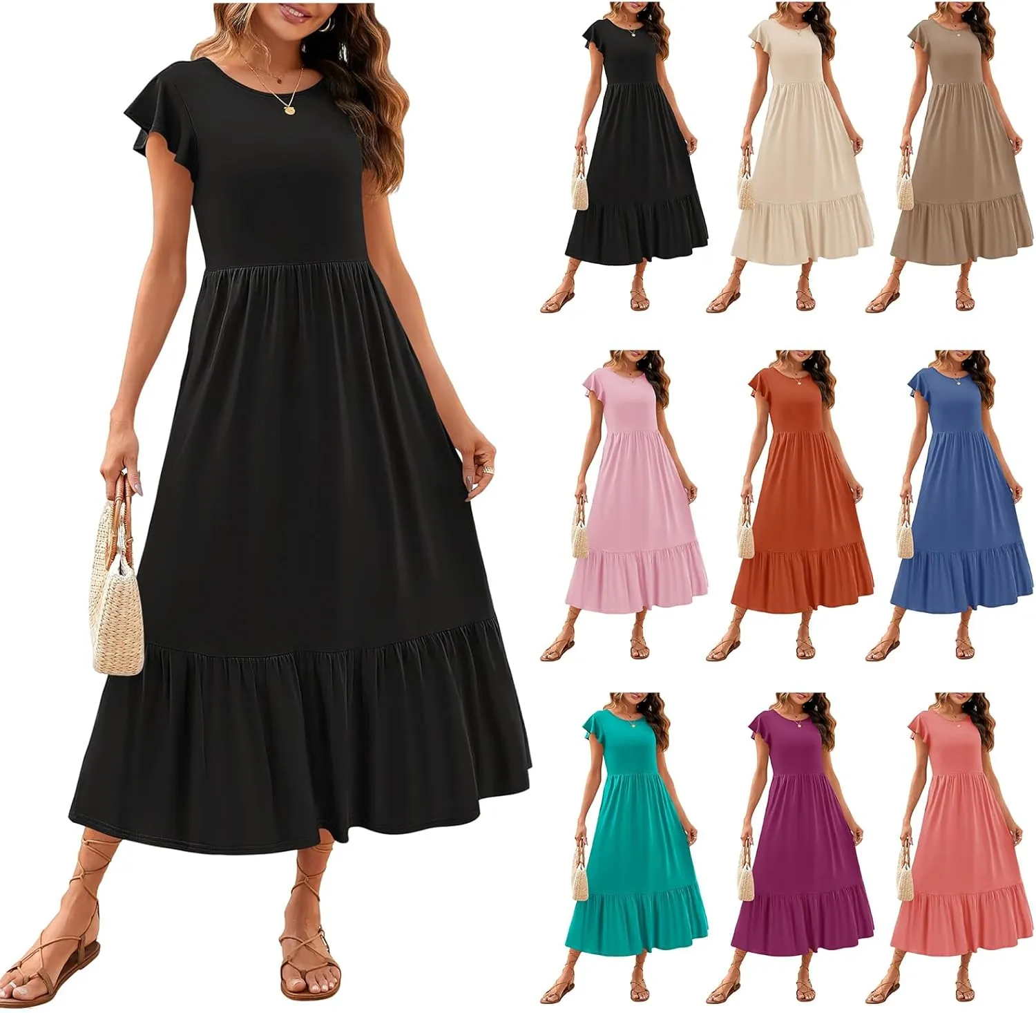 Boho Dresses for Women Summer A Line Midi Dress Flowy Tiered Beach Long Sundress Ruffle Cap Sleeve Vacation Dress