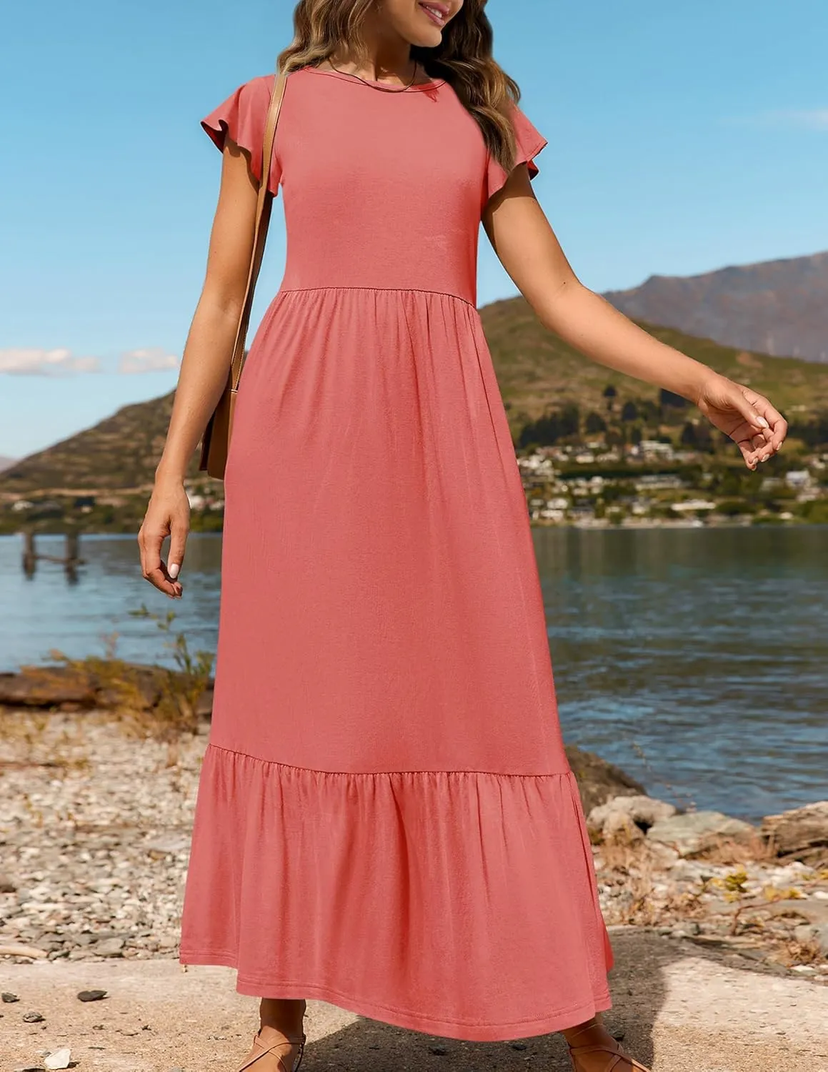 Boho Dresses for Women Summer A Line Midi Dress Flowy Tiered Beach Long Sundress Ruffle Cap Sleeve Vacation Dress