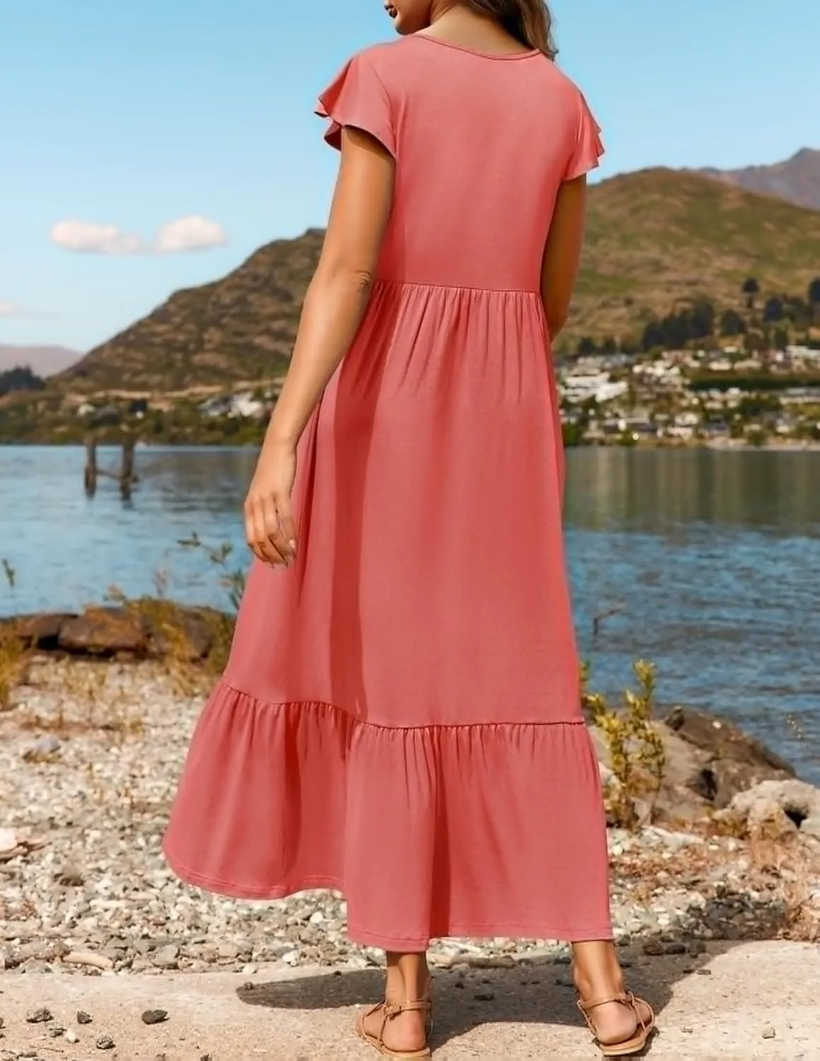 Boho Dresses for Women Summer A Line Midi Dress Flowy Tiered Beach Long Sundress Ruffle Cap Sleeve Vacation Dress