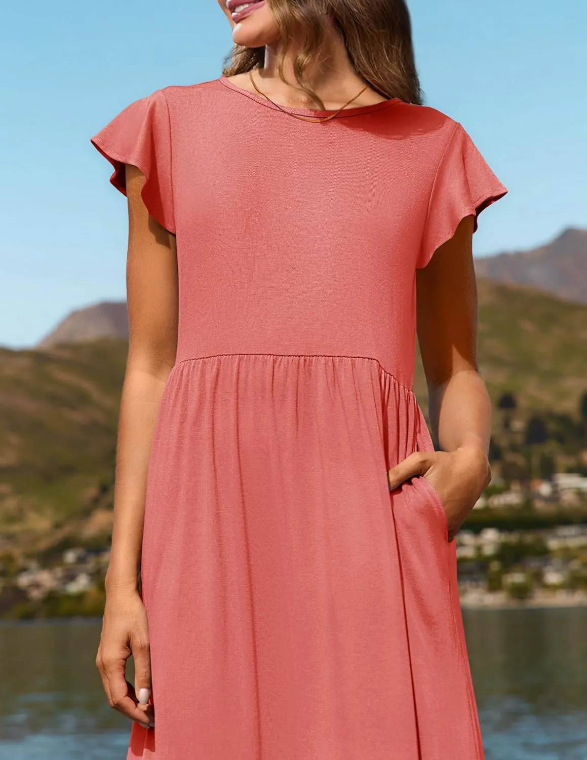 Boho Dresses for Women Summer A Line Midi Dress Flowy Tiered Beach Long Sundress Ruffle Cap Sleeve Vacation Dress