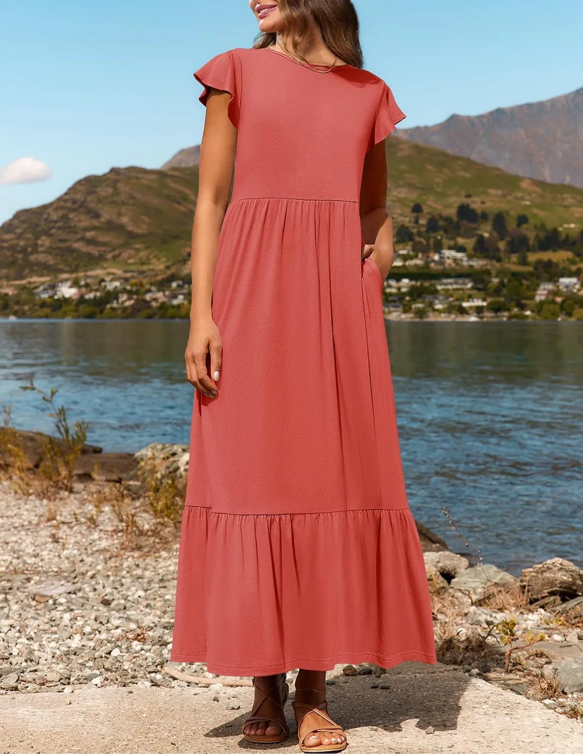 Boho Dresses for Women Summer A Line Midi Dress Flowy Tiered Beach Long Sundress Ruffle Cap Sleeve Vacation Dress