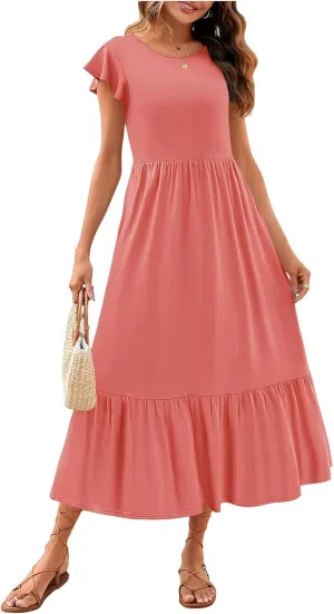 Boho Dresses for Women Summer A Line Midi Dress Flowy Tiered Beach Long Sundress Ruffle Cap Sleeve Vacation Dress