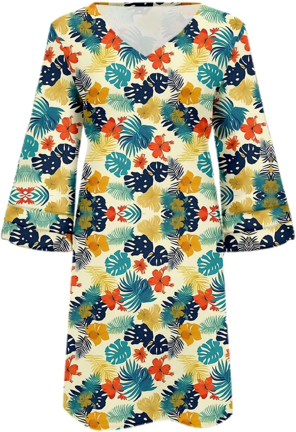 Boho Floral Mini Dress for Women | V Neck 3/4 Bell Sleeve Summer Dress, Flowy Loose Beach Dresses with Casual Chic Style