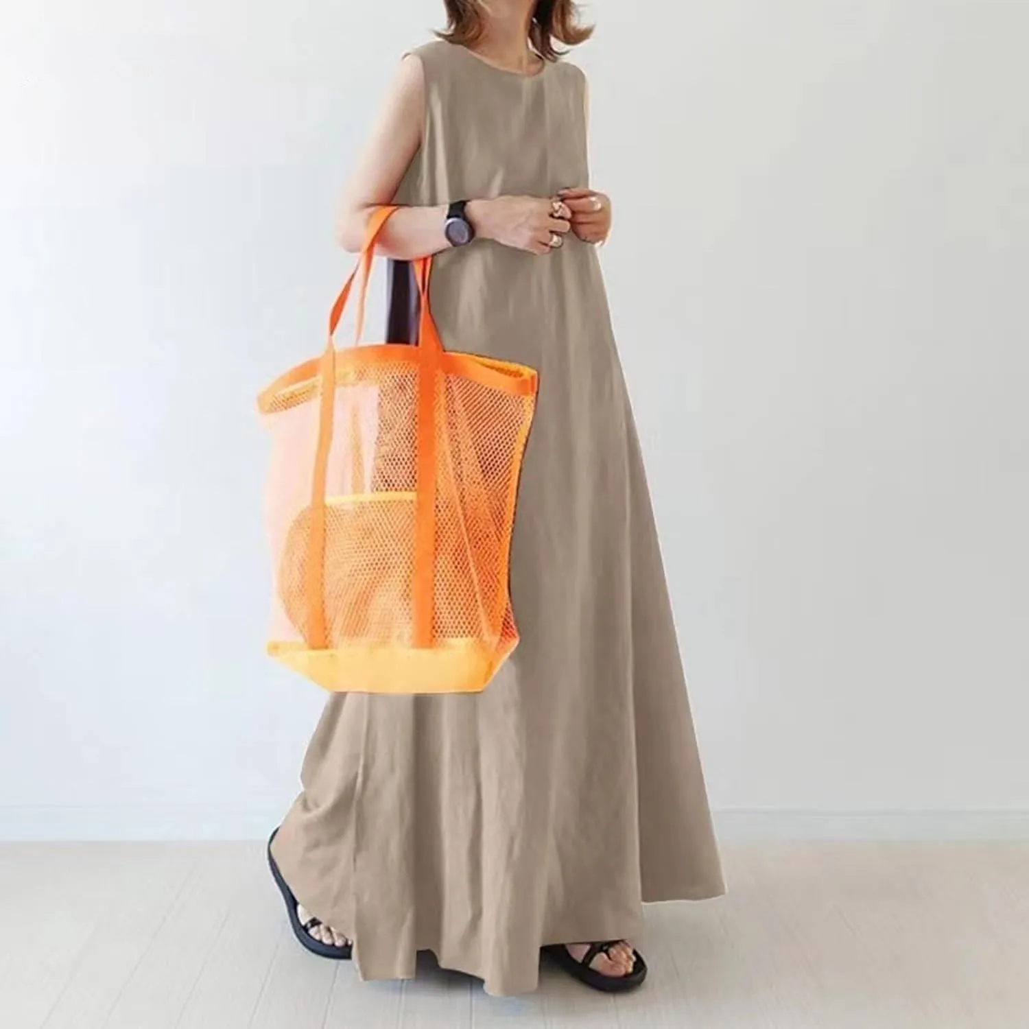 Boho Linen Dresses for Women 2025 Spring Fashion Sleeveless Crew Neck Flowy Swing Beach Dress Solid Rave Outfits for Women