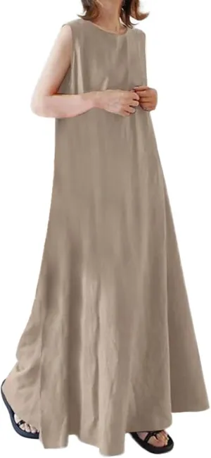 Boho Linen Dresses for Women 2025 Spring Fashion Sleeveless Crew Neck Flowy Swing Beach Dress Solid Rave Outfits for Women