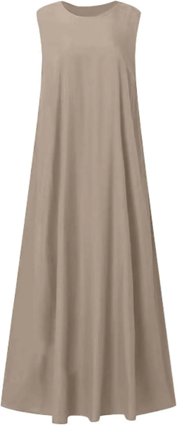 Boho Linen Dresses for Women 2025 Spring Fashion Sleeveless Crew Neck Flowy Swing Beach Dress Solid Rave Outfits for Women