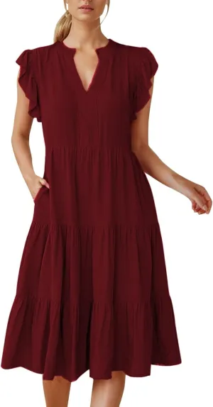 Boho Ruffle A Line Tiered Dress Wedding Guest Dress V Neck Flowy Summer Casual Midi Sundress for Women