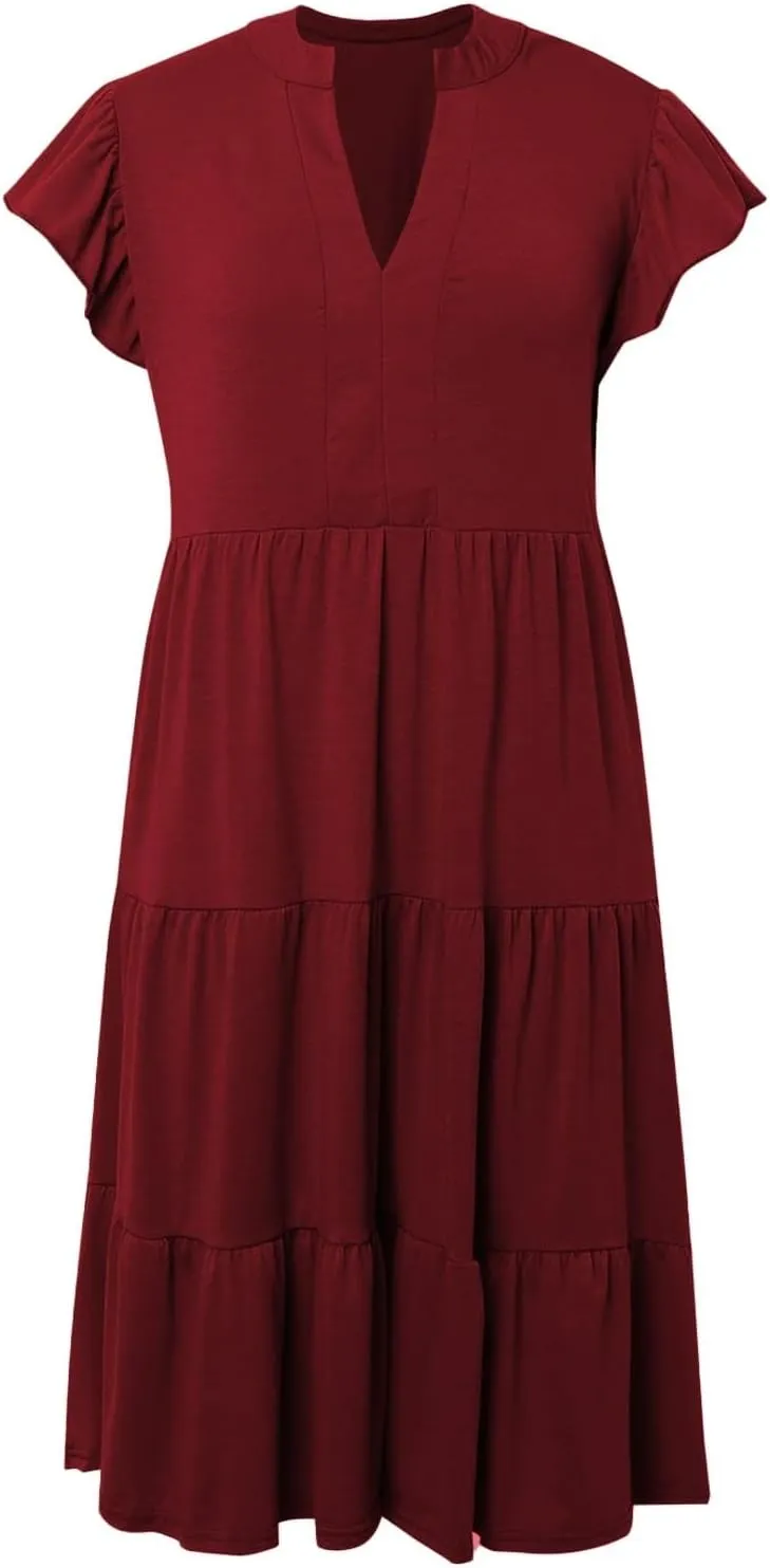 Boho Ruffle A Line Tiered Dress Wedding Guest Dress V Neck Flowy Summer Casual Midi Sundress for Women