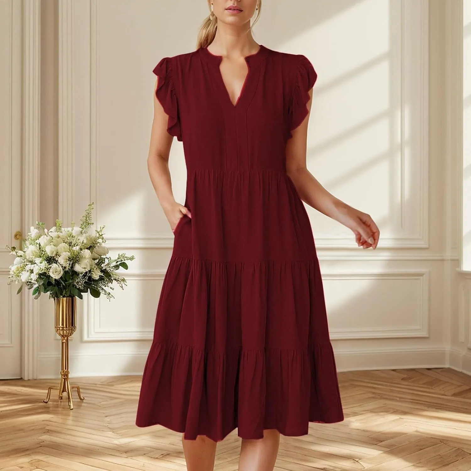 Boho Ruffle A Line Tiered Dress Wedding Guest Dress V Neck Flowy Summer Casual Midi Sundress for Women