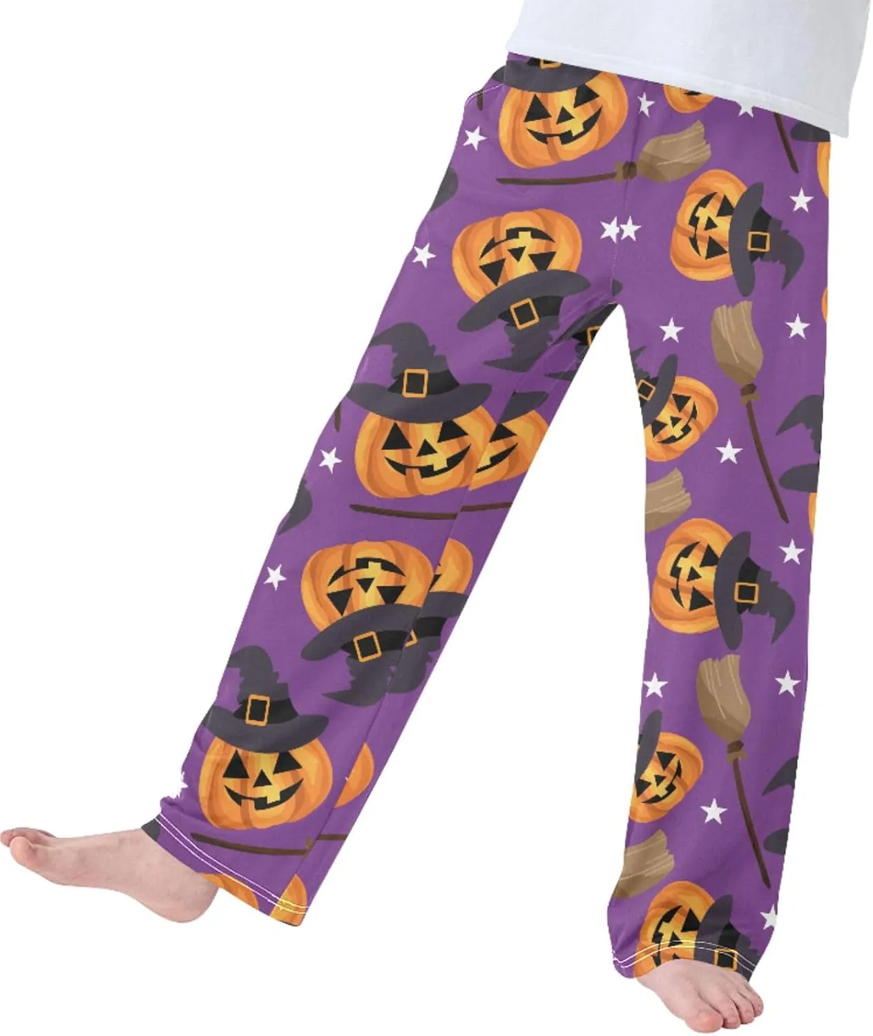 Boys' Pants Halloween Cute Pumpkin Broom Long Bottoms Witches Hat White Stars Jogger Pants Elastic Waist Trousers Pockets S