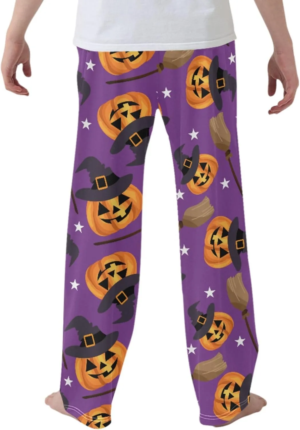 Boys' Pants Halloween Cute Pumpkin Broom Long Bottoms Witches Hat White Stars Jogger Pants Elastic Waist Trousers Pockets S