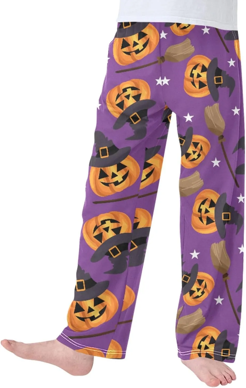 Boys' Pants Halloween Cute Pumpkin Broom Long Bottoms Witches Hat White Stars Jogger Pants Elastic Waist Trousers Pockets S