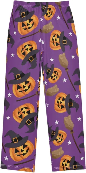 Boys' Pants Halloween Cute Pumpkin Broom Long Bottoms Witches Hat White Stars Jogger Pants Elastic Waist Trousers Pockets S