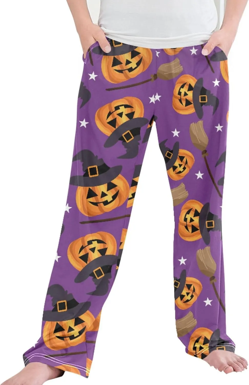 Boys' Pants Halloween Cute Pumpkin Broom Long Bottoms Witches Hat White Stars Jogger Pants Elastic Waist Trousers Pockets S