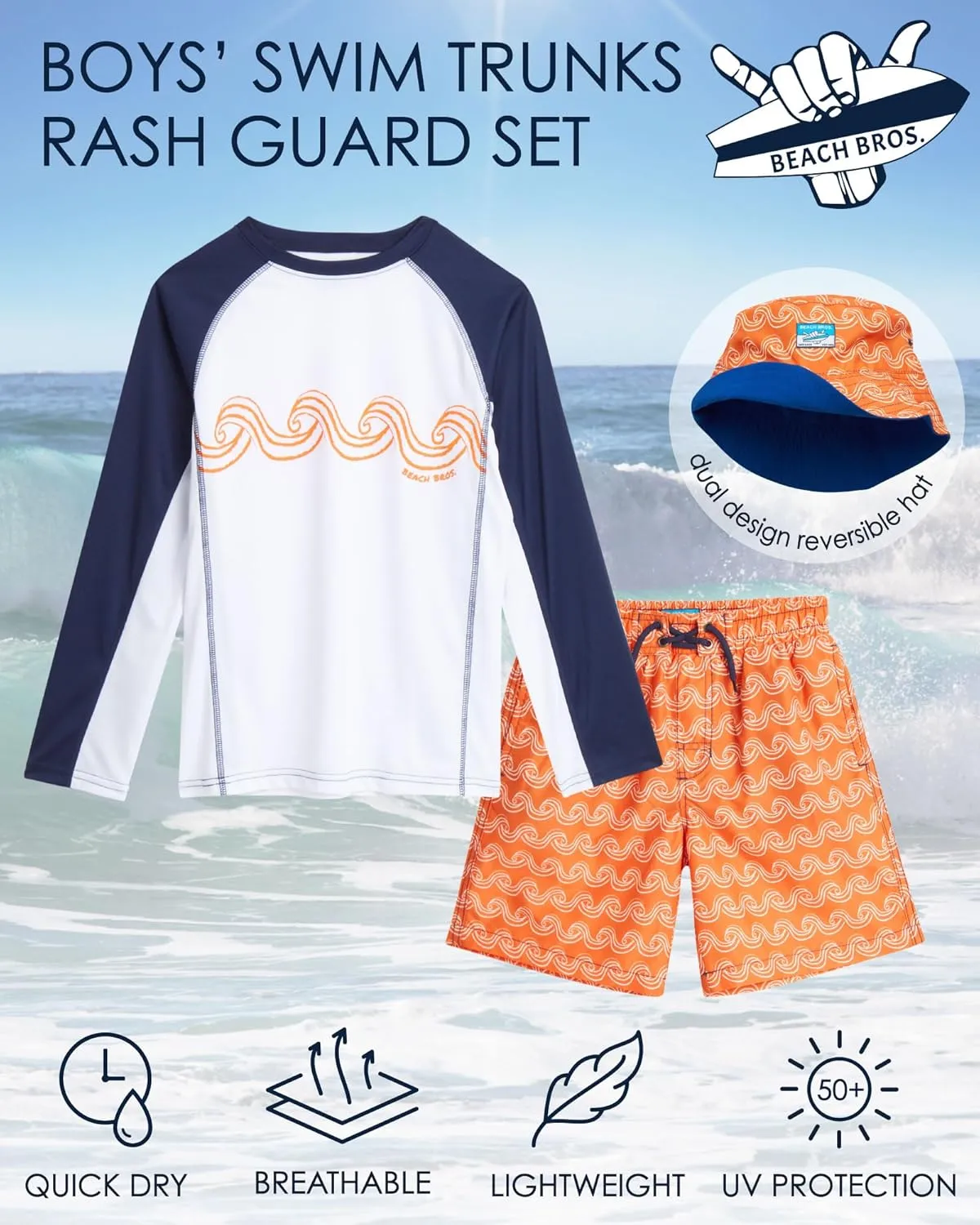 Boys' Rash Guard Swimwear Set - 3 Piece UPF 50  Long Sleeve Rash Guard Shirt, Bathing Suit, Reversible Bucket Hat (5-14)