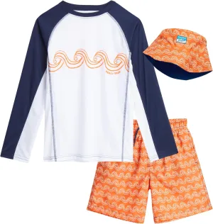 Boys' Rash Guard Swimwear Set - 3 Piece UPF 50  Long Sleeve Rash Guard Shirt, Bathing Suit, Reversible Bucket Hat (5-14)
