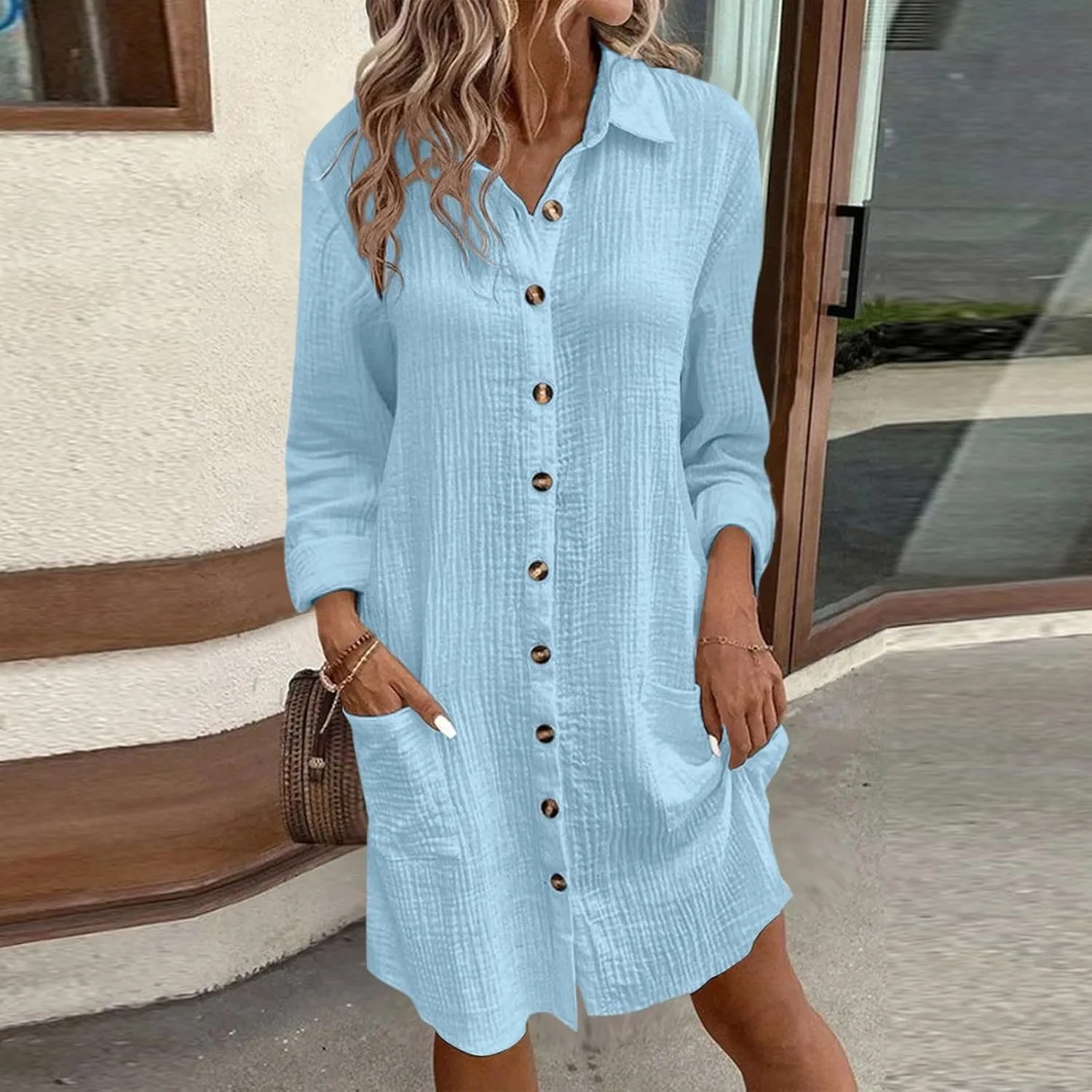 Button Down Shirt Dress for Women Summer Loose Tunic Shirt Dresses Short Sleeve Beach Cover Up Dress with Pockets