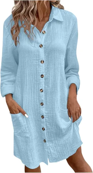Button Down Shirt Dress for Women Summer Loose Tunic Shirt Dresses Short Sleeve Beach Cover Up Dress with Pockets