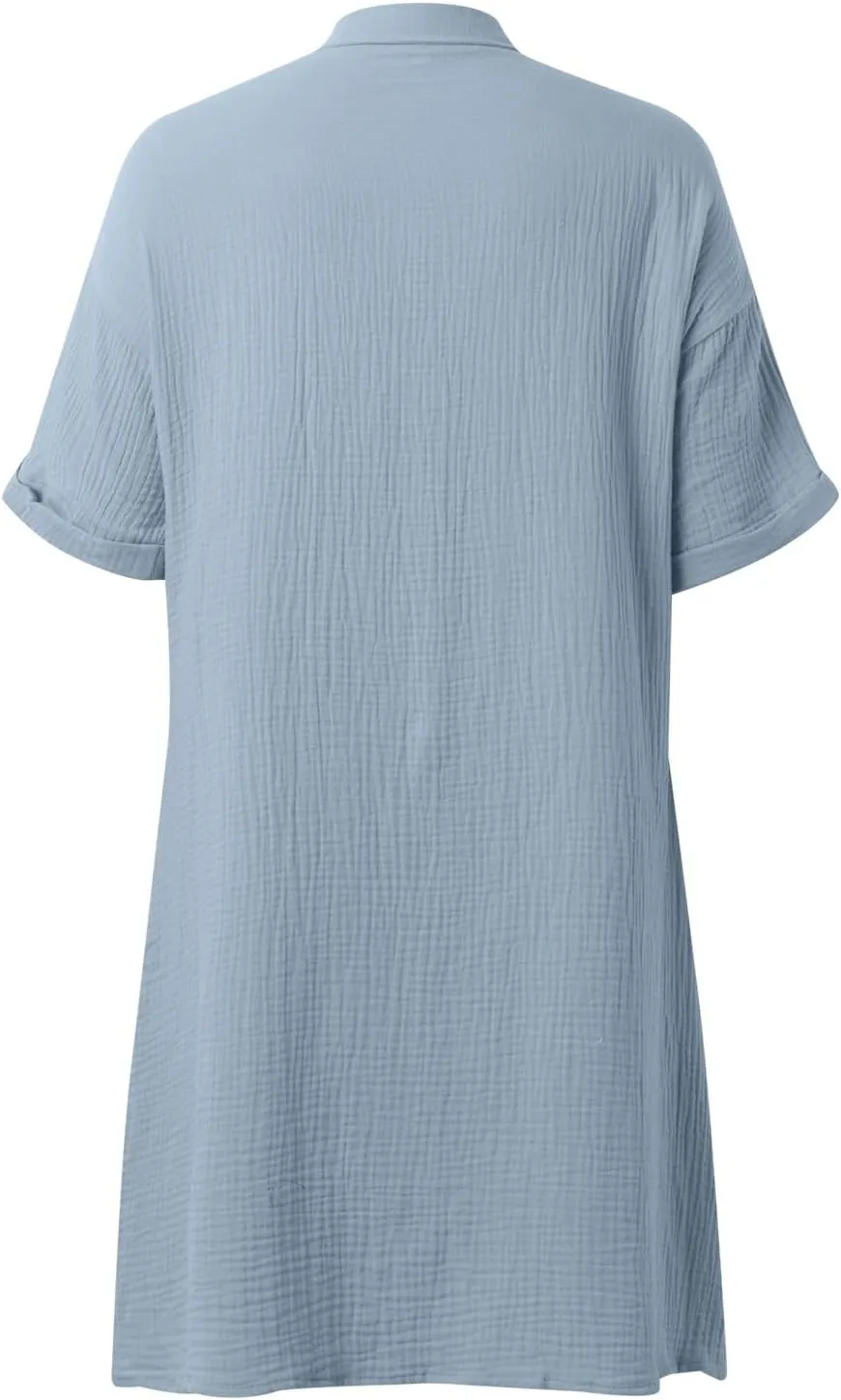 Button Down Shirt Dresses for Women 2025 Casual V-Neck Short Sleeve Dress with Pockets Cover Up Loose Tunic Dresses