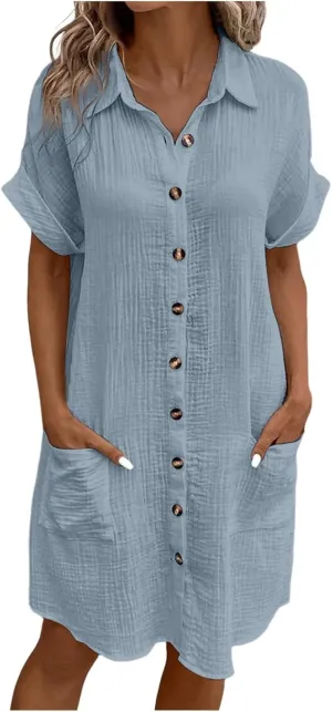 Button Down Shirt Dresses for Women 2025 Casual V-Neck Short Sleeve Dress with Pockets Cover Up Loose Tunic Dresses