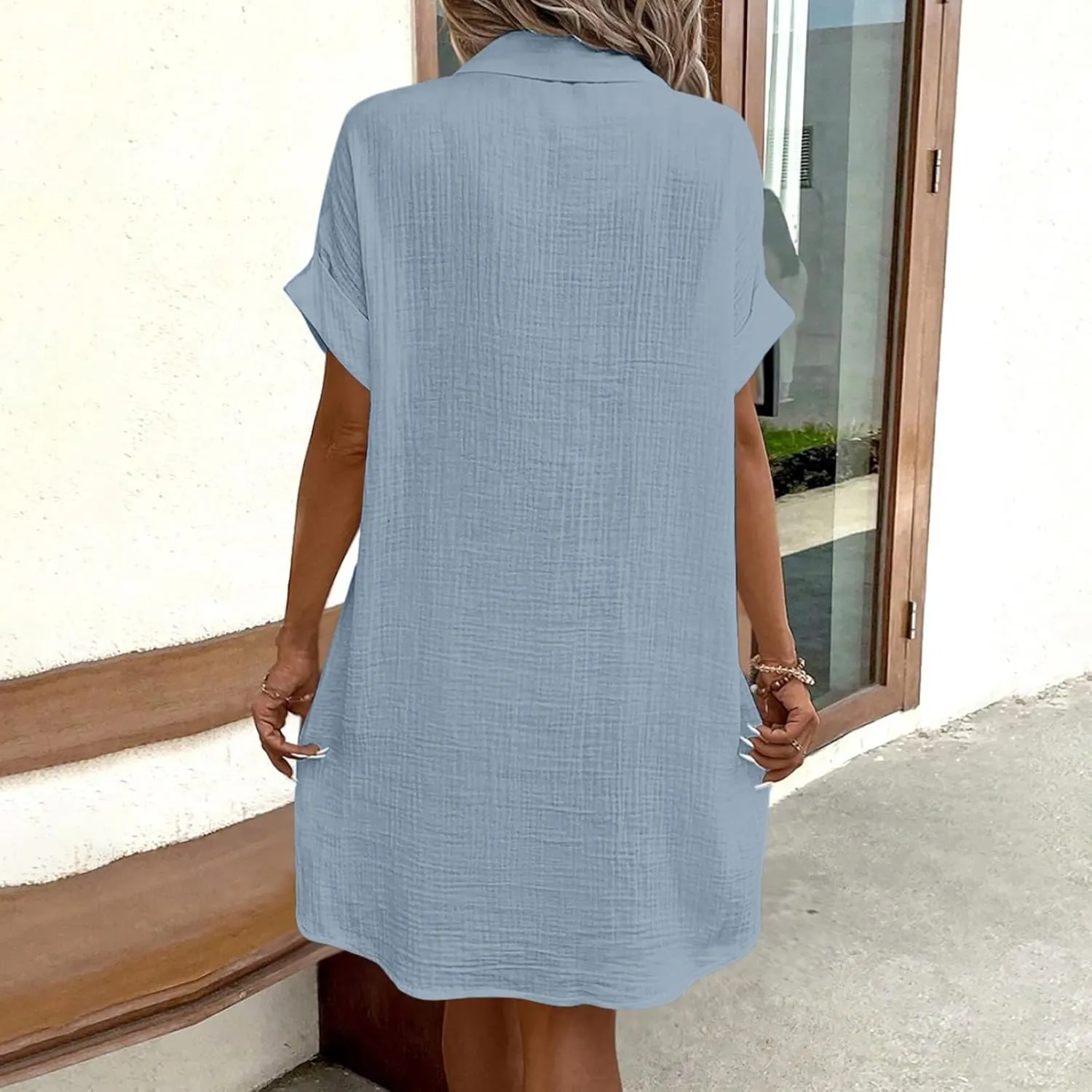 Button Down Shirt Dresses for Women 2025 Casual V-Neck Short Sleeve Dress with Pockets Cover Up Loose Tunic Dresses