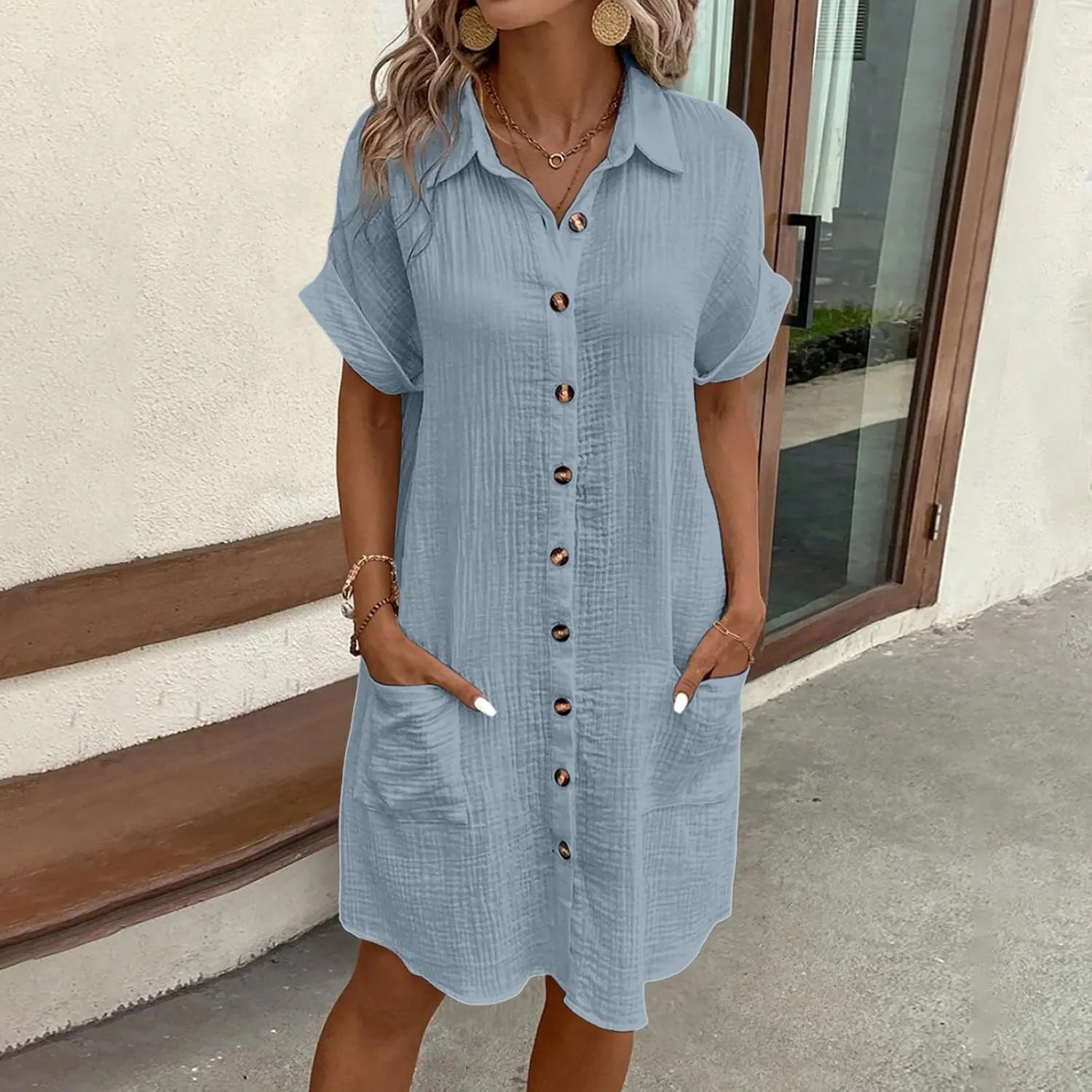 Button Down Shirt Dresses for Women 2025 Casual V-Neck Short Sleeve Dress with Pockets Cover Up Loose Tunic Dresses