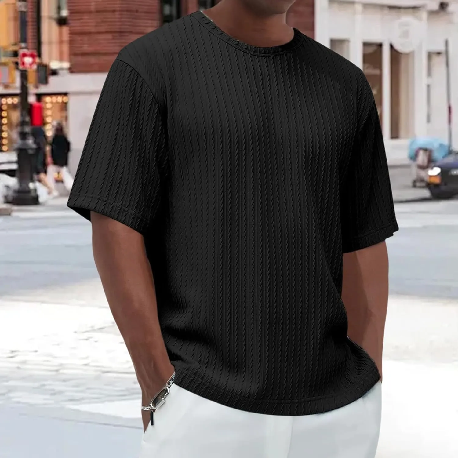 Casual Crewneck T Shirts for Men Classic Jacquard Athletic Tee Fashion Slim Fit Basic Tee Outdoor Hiking Travel Tops