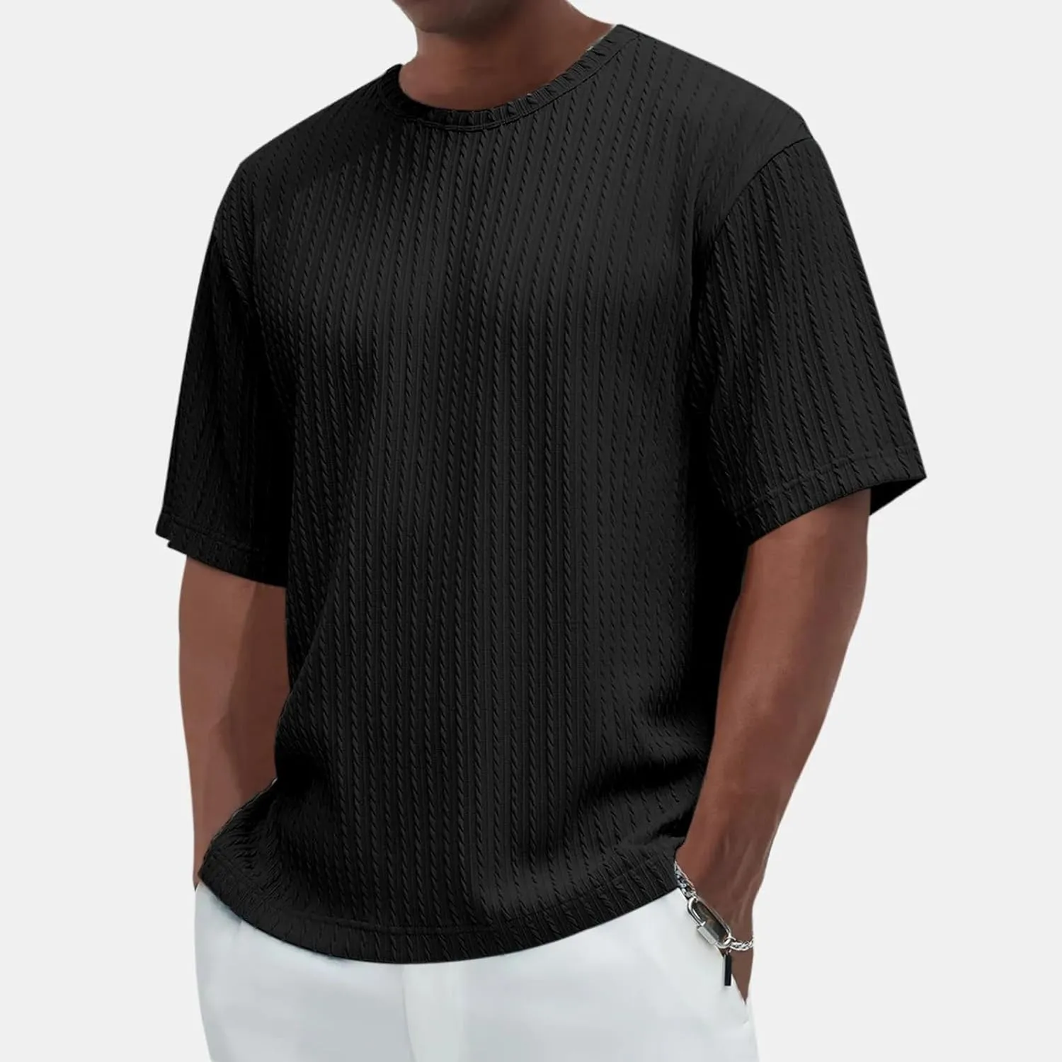 Casual Crewneck T Shirts for Men Classic Jacquard Athletic Tee Fashion Slim Fit Basic Tee Outdoor Hiking Travel Tops