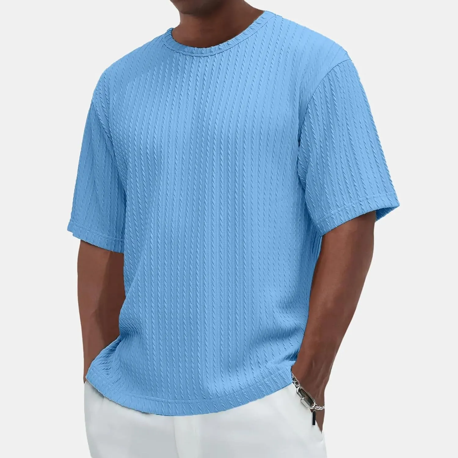 Casual Crewneck T Shirts for Men Classic Jacquard Athletic Tee Fashion Slim Fit Basic Tee Outdoor Hiking Travel Tops