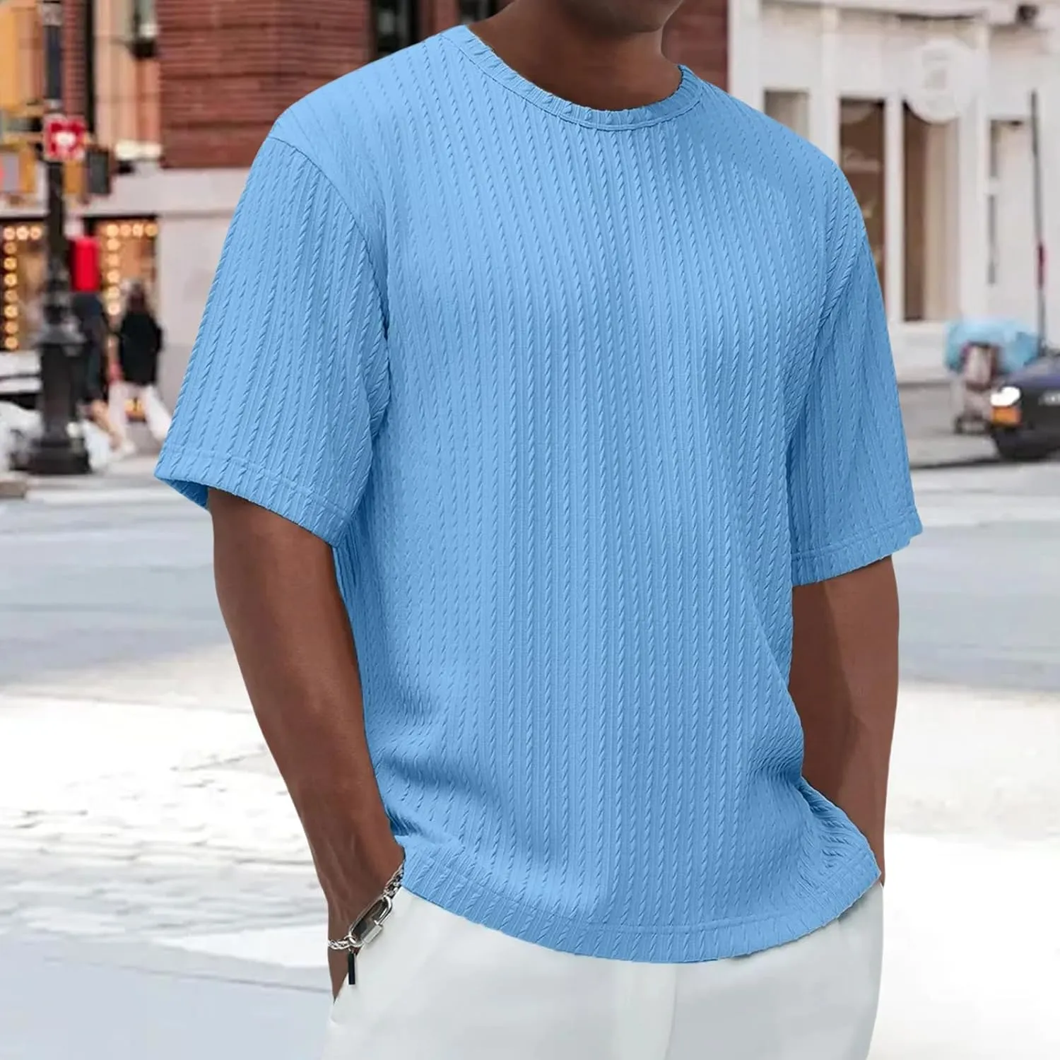 Casual Crewneck T Shirts for Men Classic Jacquard Athletic Tee Fashion Slim Fit Basic Tee Outdoor Hiking Travel Tops