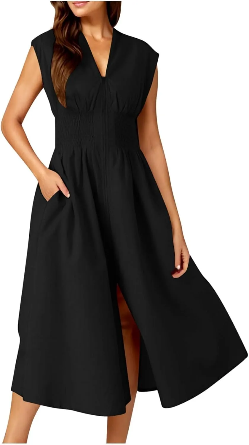 Casual Dresses for Women 2025 Summer Beach Sundress Cap Sleeve V Neck Zip Front Flowy Slit Midi Dress with Pocket