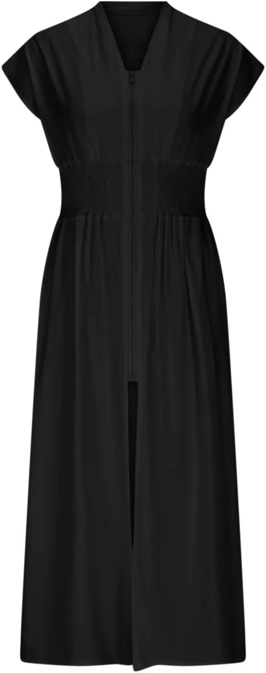 Casual Dresses for Women 2025 Summer Beach Sundress Cap Sleeve V Neck Zip Front Flowy Slit Midi Dress with Pocket